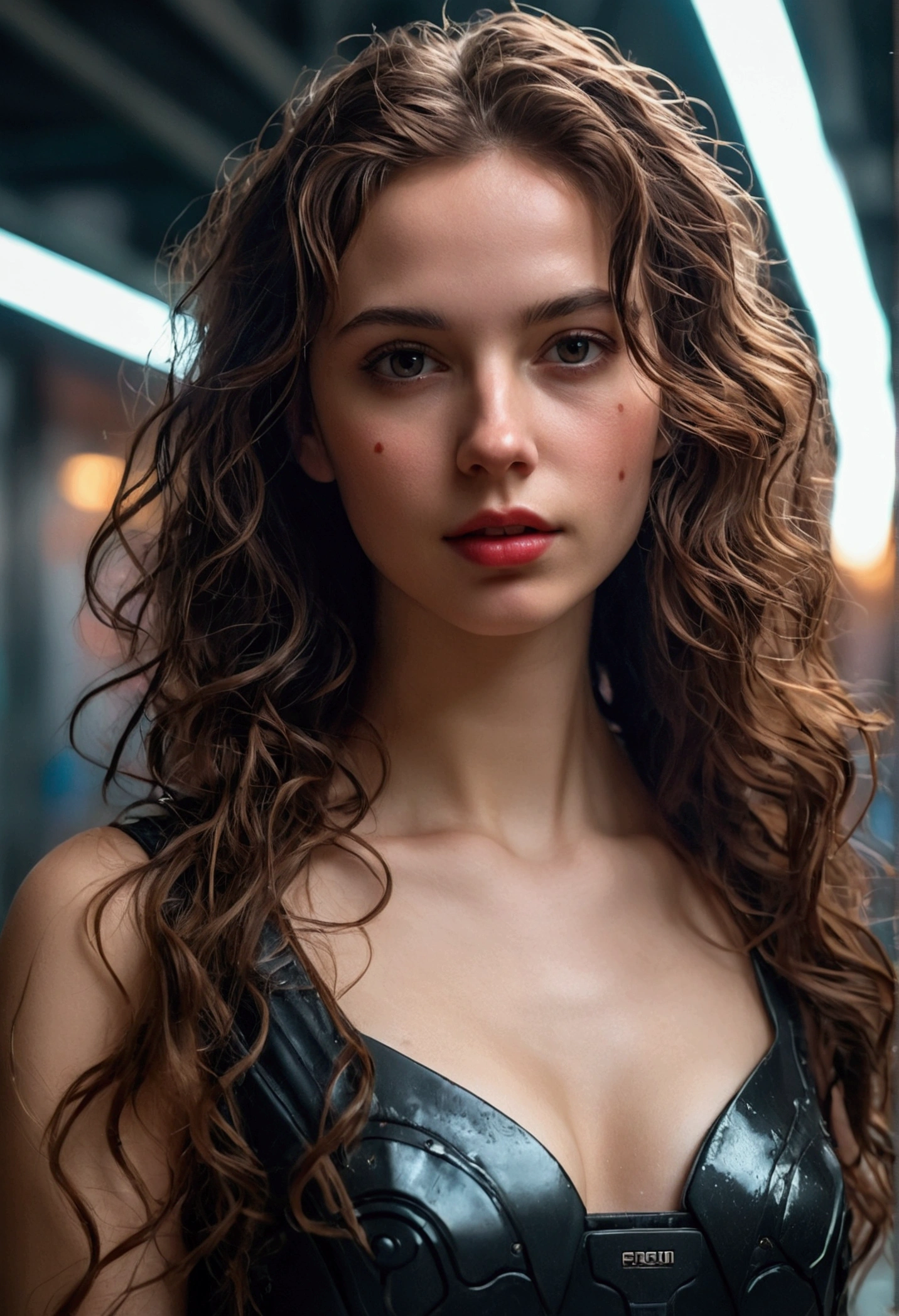 foto de retrato de rostro completo de una chica europea de 25 años, raw, beautiful woman, strawberry semi-open lips, dimples, melancholic look, (extra long wavy brown hair), ((detailed face)), ((detailed facial features)), (finely detailed skin), Pale skin, (deep neckline detailed high-tech cyberpunk dress), cyberpunk megacity environment, (cold colors), Wet, Wet, reflections, (masterpiece) (perfect proportion)(realistic photo)(Best Quality) (detailed) filmed with a Canon EOS R5, 50mm lens, f/2.8, HdR, (8k) (Wallpaper) (cinematic lighting) (dramatic lighting) (sharp focus) (Intricate), raw photo, raw photo, photo by gigachad, posing for the camera, jeans negros, rear arms, 8k uhd, DSLR, high quality, grain film, fujifilm XT3