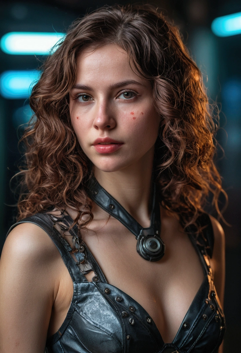 foto de retrato de rostro completo de una chica europea de 25 años, raw, beautiful woman, strawberry semi-open lips, dimples, melancholic look, (extra long wavy brown hair), ((detailed face)), ((detailed facial features)), (finely detailed skin), Pale skin, (deep neckline detailed high-tech cyberpunk dress), cyberpunk megacity environment, (cold colors), Wet, Wet, reflections, (masterpiece) (perfect proportion)(realistic photo)(Best Quality) (detailed) filmed with a Canon EOS R5, 50mm lens, f/2.8, HdR, (8k) (Wallpaper) (cinematic lighting) (dramatic lighting) (sharp focus) (Intricate), raw photo, raw photo, photo by gigachad, posing for the camera, jeans negros, rear arms, 8k uhd, DSLR, high quality, grain film, fujifilm XT3