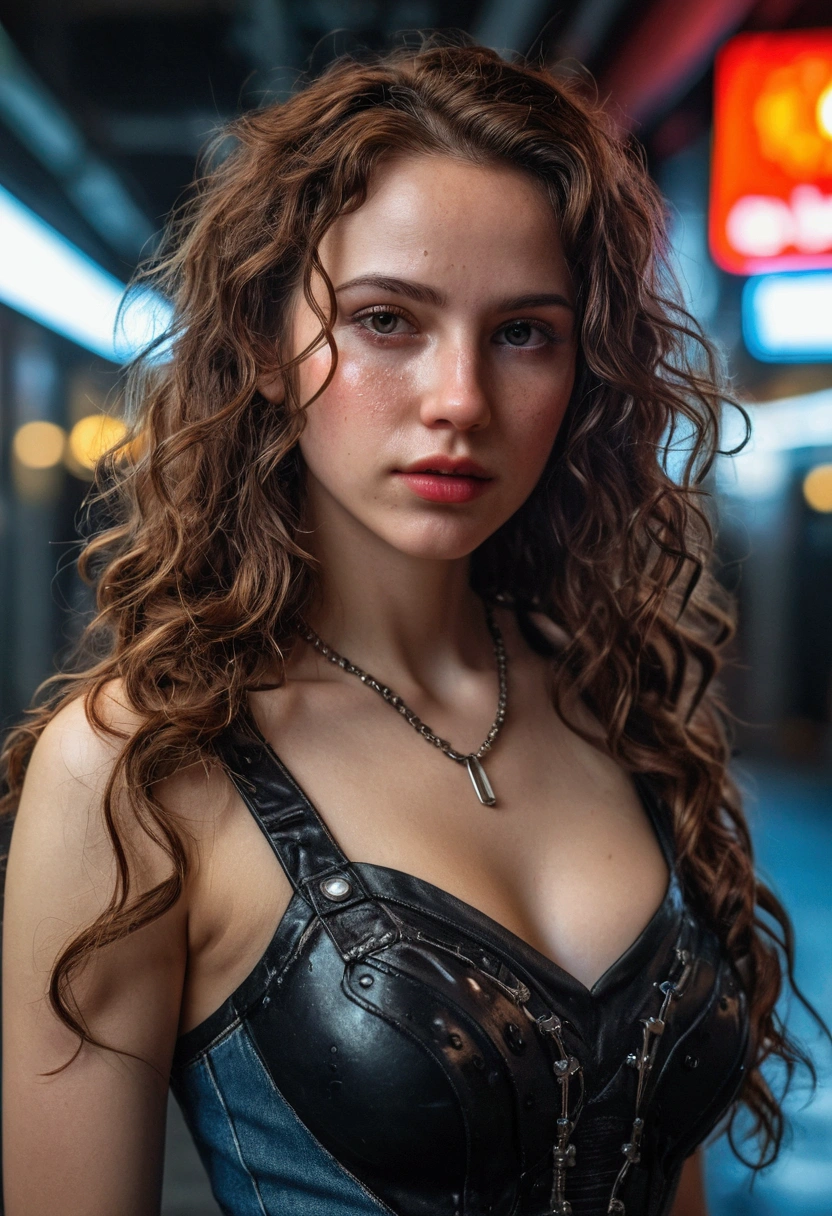 foto de retrato de rostro completo de una chica europea de 25 años, raw, beautiful woman, strawberry semi-open lips, dimples, melancholic look, (extra long wavy brown hair), ((detailed face)), ((detailed facial features)), (finely detailed skin), Pale skin, (deep neckline detailed high-tech cyberpunk dress), cyberpunk megacity environment, (cold colors), Wet, Wet, reflections, (masterpiece) (perfect proportion)(realistic photo)(Best Quality) (detailed) filmed with a Canon EOS R5, 50mm lens, f/2.8, HdR, (8k) (Wallpaper) (cinematic lighting) (dramatic lighting) (sharp focus) (Intricate), raw photo, raw photo, photo by gigachad, posing for the camera, jeans negros, rear arms, 8k uhd, DSLR, high quality, grain film, fujifilm XT3
