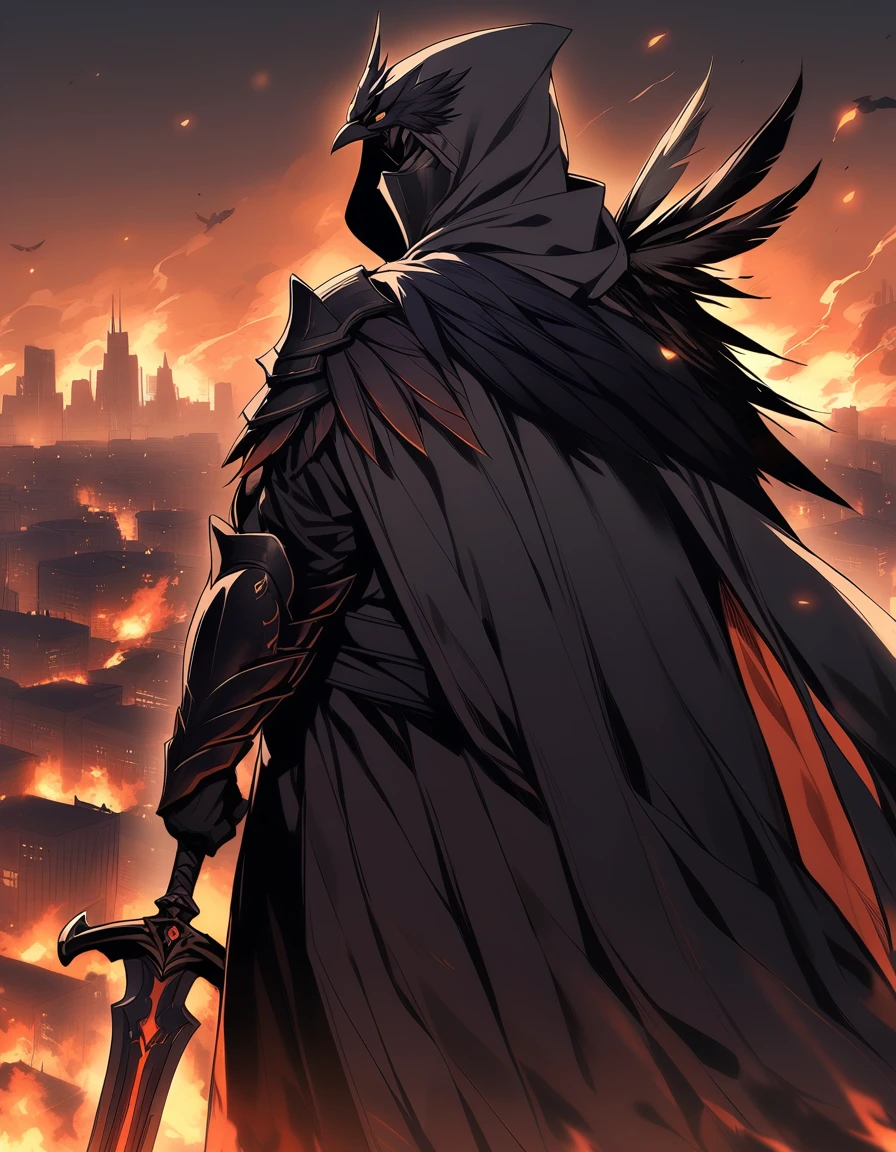 Hooded man with a long cape, with a long sword, wearing raven feather armor, Watching a city in flames, you can't see his face because of the hood, mysterious, fantasy, backwards, elden ring artstyle