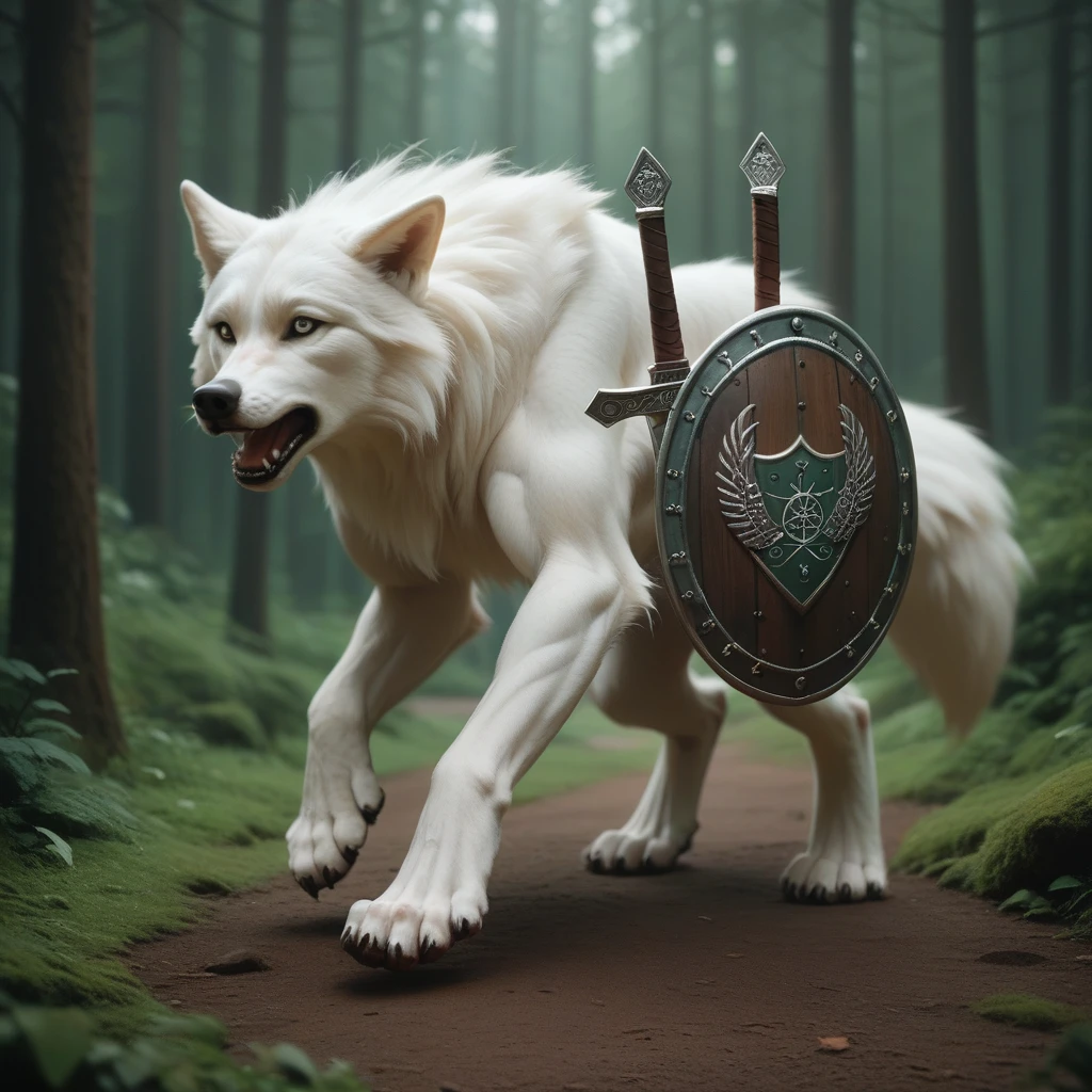 sequence of images of a giant white wolf in a dark forest running and transforming into a light-skinned human, a Celtic warrior, with a Celtic uniform, shield and sword, full body, full HD 16k