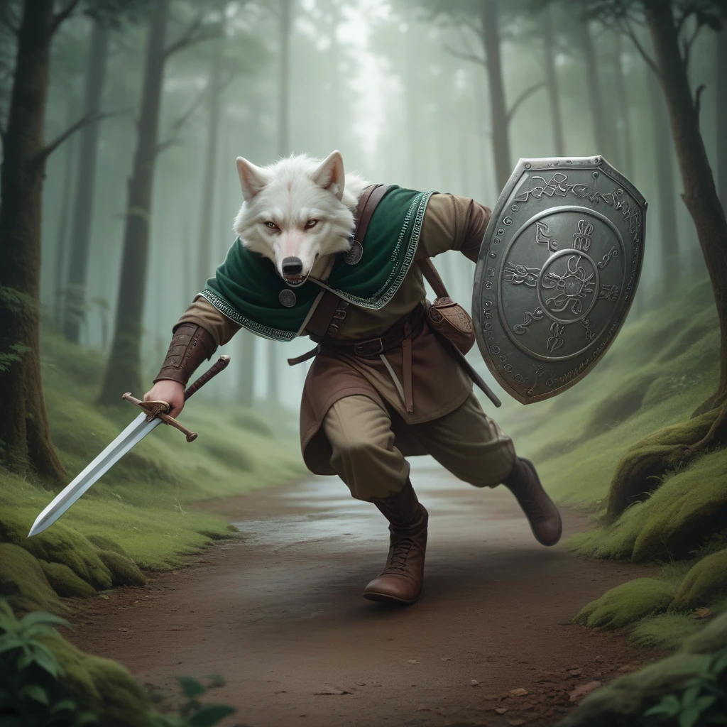 
sequence of images of a giant white wolf in a dark forest running and transforming into a light-skinned human, a Celtic warrior, with a Celtic uniform, shield and sword, full body, full HD 16k