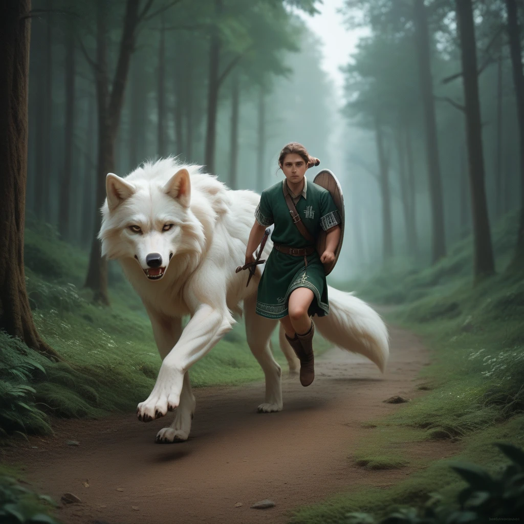 sequence of images of a giant white wolf in a dark forest running and transforming into a light-skinned human, a Celtic warrior, with a Celtic uniform, shield and sword, full body, full HD 16k