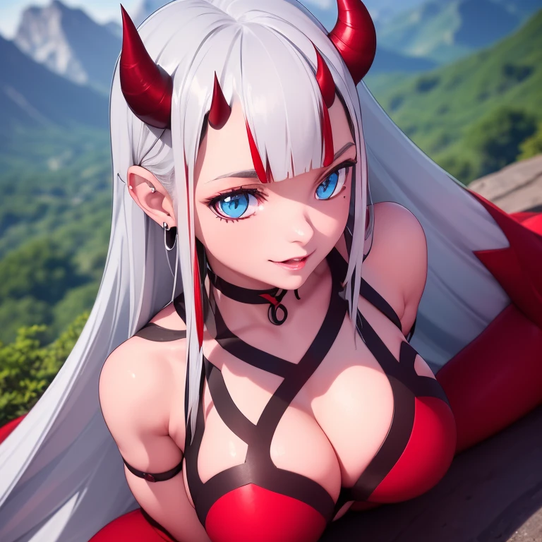 ((ultra realisitic)), ((picture-perfect)), ((face perfect)), ((ultra detaild)), ((fully body)), ((perfectbody)), sensual girl on top of a mountain silver hair ((red highlights)), horns around the head, malicious, haughty, best qualityer, fully body