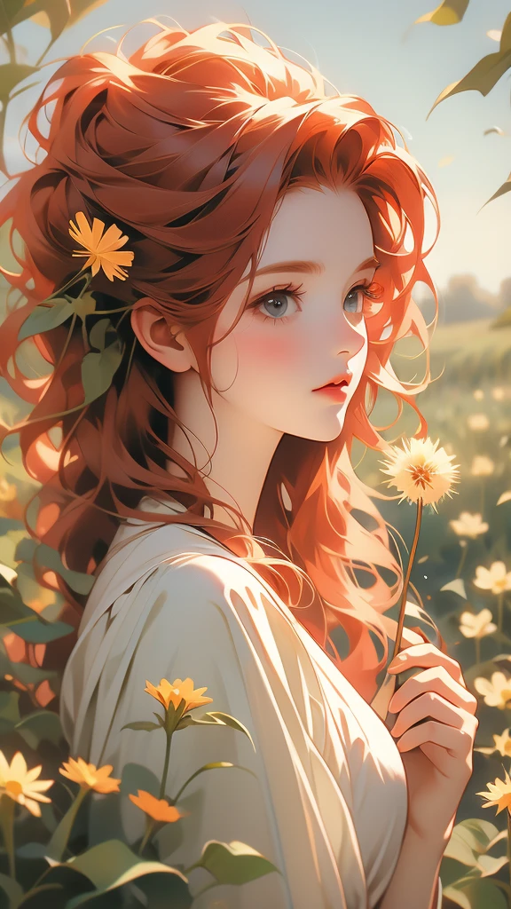 a beautiful redhead woman holding a dandelion in her hand, 1girl, solo, flower, holding flower