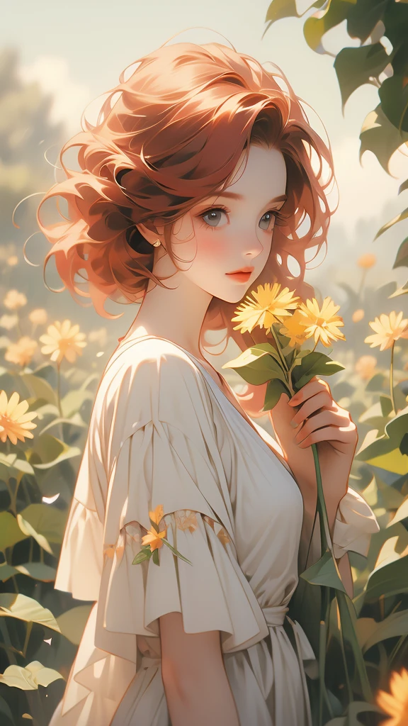 a beautiful redhead woman holding a dandelion in her hand, 1girl, solo, flower, holding flower