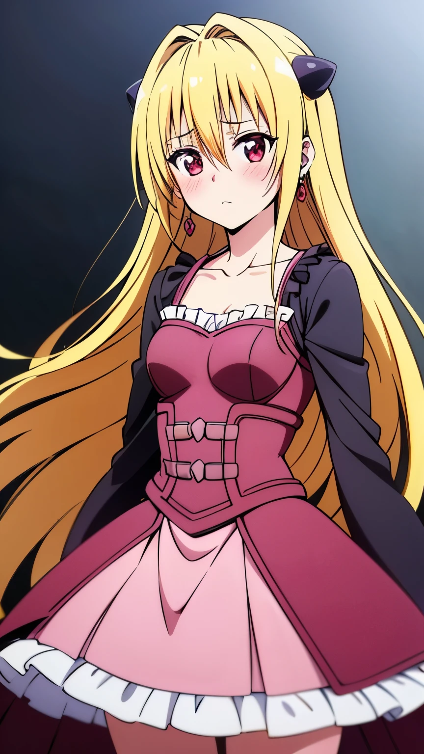 (anime:1.2),(1girl),(alone), konjiki no yami, (alone), long hair, blonde hair, (hairpins:1.2), red eyes, very long hair, hair shots, solo, (expressionless, calm:1.5), (pink prince dress, royal, long skirt, frills, collarbone earrings, blush:1.2), (Small medium breast:1.2), narrow waist, round butt, hair between eyes, blush, hair ornament, two sides up, bangs, cowboy shot, dynamic stance, ultra detailed, detailed eyes, sharp focus, masterpiece, standing, perfect hands, perfect anatomy, floating hair, to love- ru, looking forward, perfect anatomy,perfect hands, (looking at viewer), dutch angle
