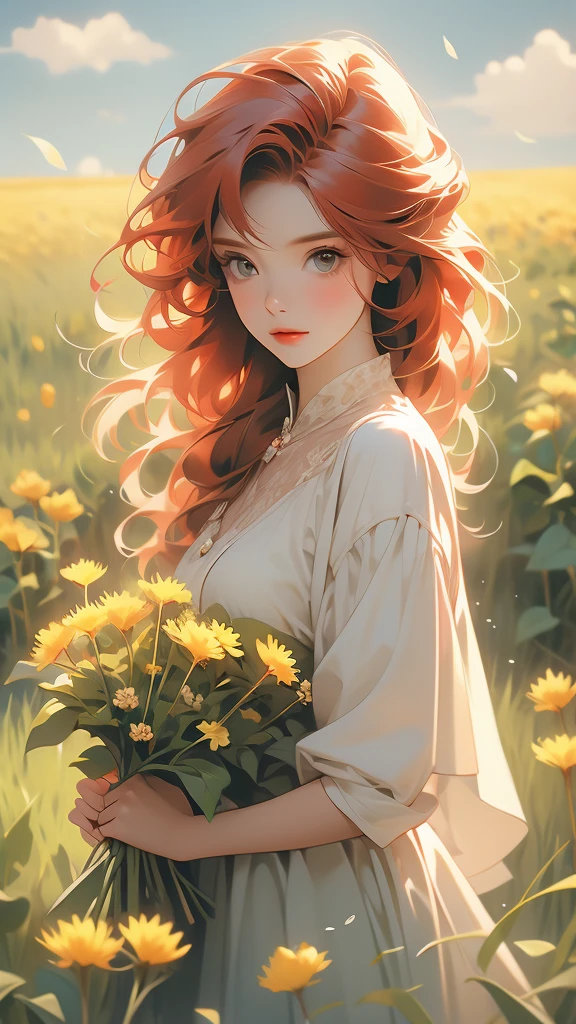 a red haired lady holding some dandelions in a field, 1girl, solo, flower, holding flower