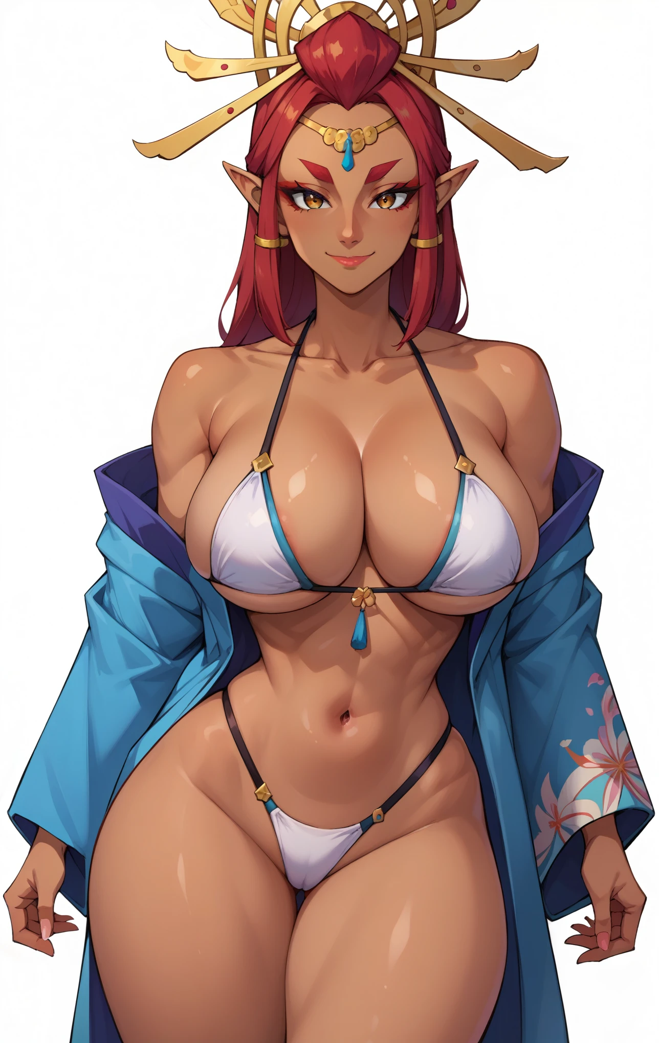 score_9, score_8_up, score_7_up, score_9, source_anime, BREAK   RijuSDXL, 1girl, NSFW, solo, long hair, breasts, perky breasts, nipples protruding through bikini top, looking at viewer, dark skin, smile, bangs, red hair, large breasts, simple background, white background, navel, cleavage, bare shoulders, brown eyes, jewelry, closed mouth, standing, collarbone, swimsuit, bikini, thighs, super thin waist, japanese clothes, open clothes, kimono, stomach, huge breasts, highleg, white bikini, thick thighs, curvy, robe, mature female, highleg bikini, open kimono, Riju Makeela