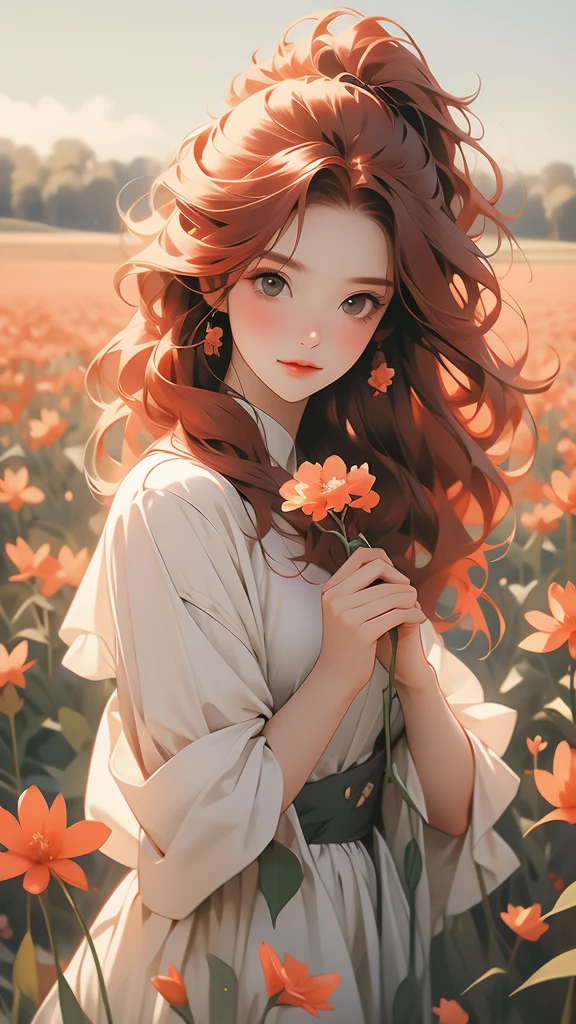 a woman with red hair in a field holding a small flower between two fingers, 1girl, solo, flower, holding flower