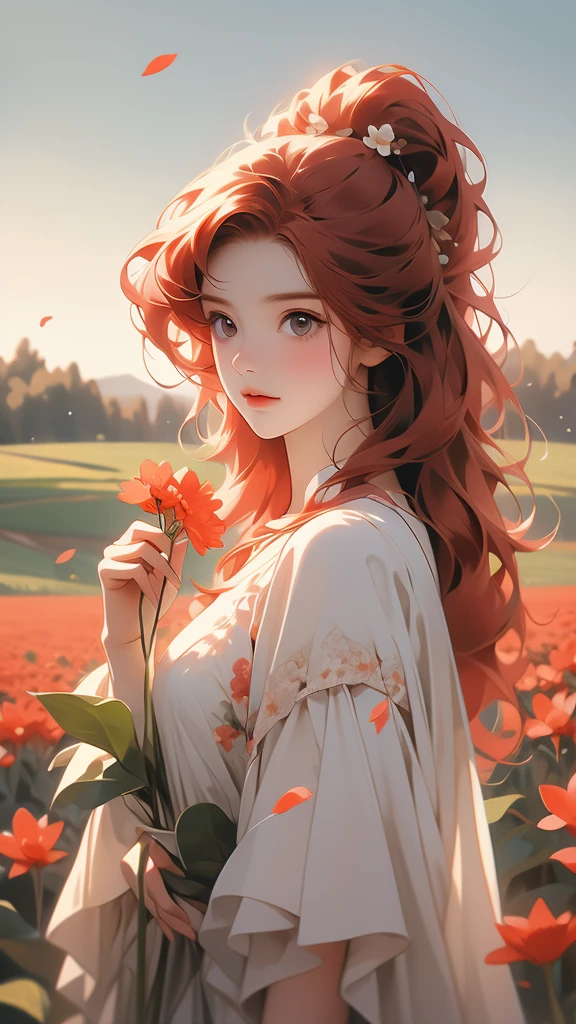 a woman with red hair in a field holding a small flower between two fingers, 1girl, solo, flower, holding flower