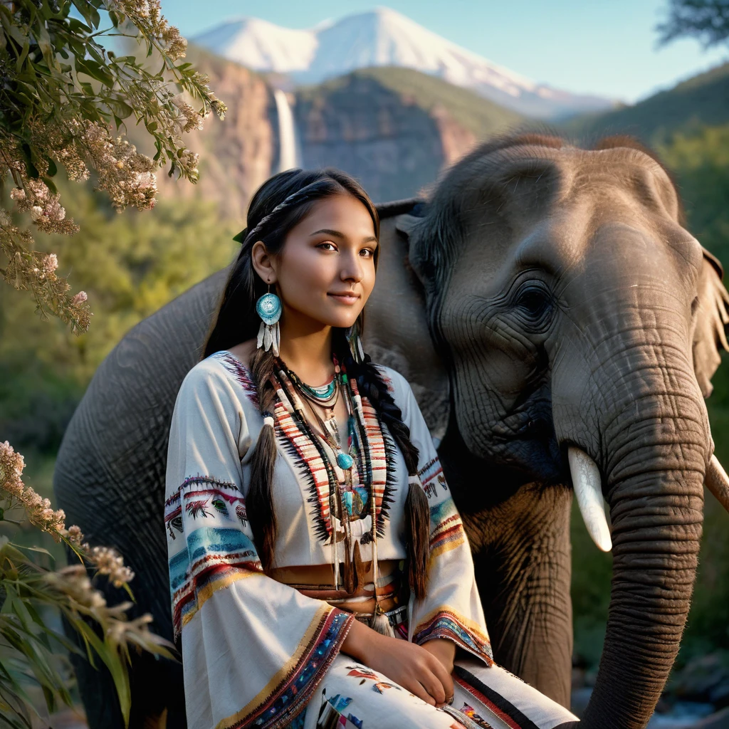 (grainy:0.5), cinematic, beautiful girl 25 year old,native american,fantasy,(solo:1.3), detailed brown eyes, detailed face, detailed native American sexy clothing , volumetric lighting, dusk, extremely detailed background, standing next to trees, mountains, flowers, water fall, smiling, half closed eyes, tilted head, from side, sitting next to her elephant
