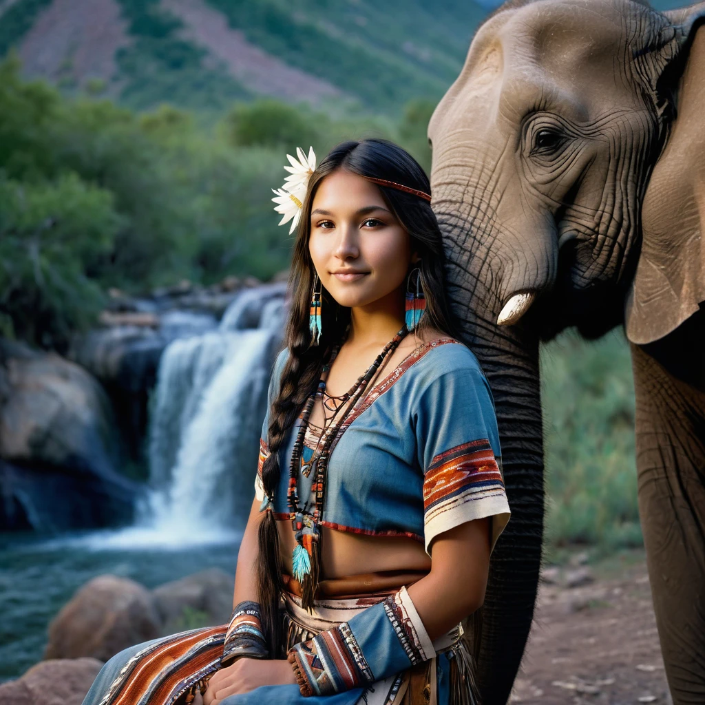 (grainy:0.5), cinematic, beautiful girl 25 year old,native american,fantasy,(solo:1.3), detailed brown eyes, detailed face, detailed native American sexy clothing , volumetric lighting, dusk, extremely detailed background, standing next to trees, mountains, flowers, water fall, smiling, half closed eyes, tilted head, from side, sitting next to her elephant