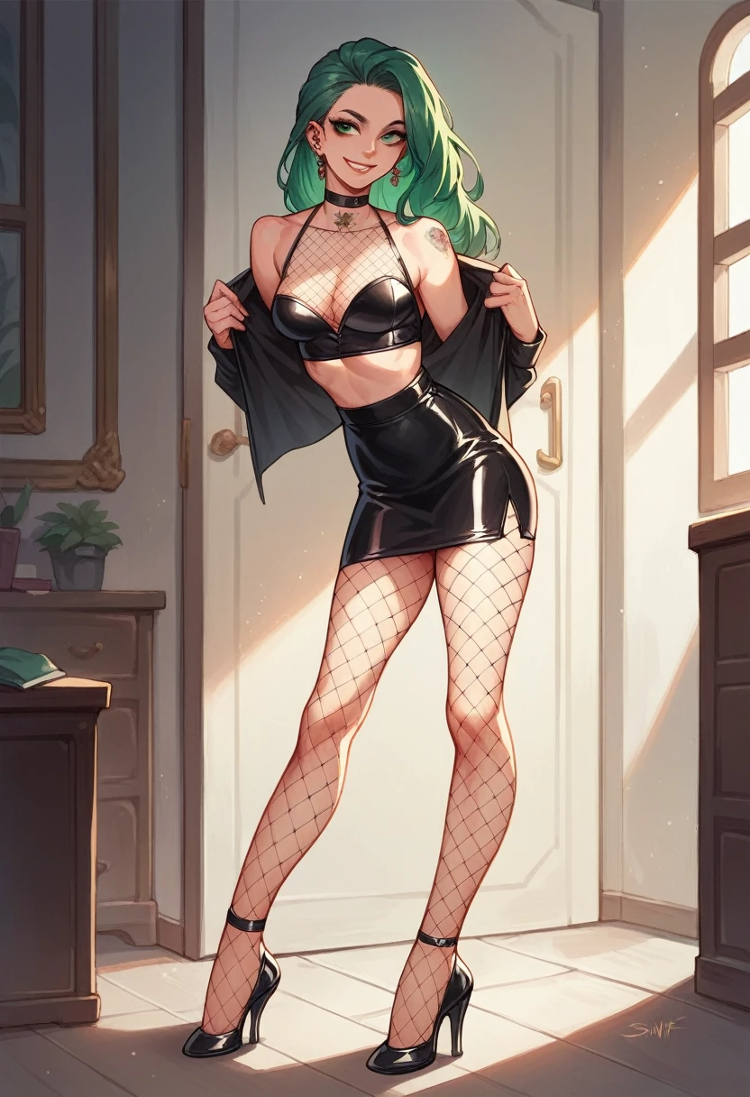 a  girl with green hair, neck tattoo, piercings, beautiful eyes and face. dressing a rubber skirt, high heels and fishnet stocking. Sexy girl,  sinful, smiling.