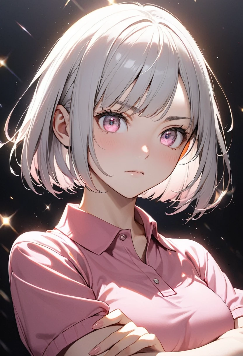 (Beautiful 16 year old Japan woman), Cute Face, Pink polo shirt, (Deeply chiseled face:0.7), (freckles:0.6), Soft Light,Healthy white skin, Bobcut, (Serious face), (Sparkling eyes), thin, Upper Body, Large Breasts, crossed arms, upper body shot