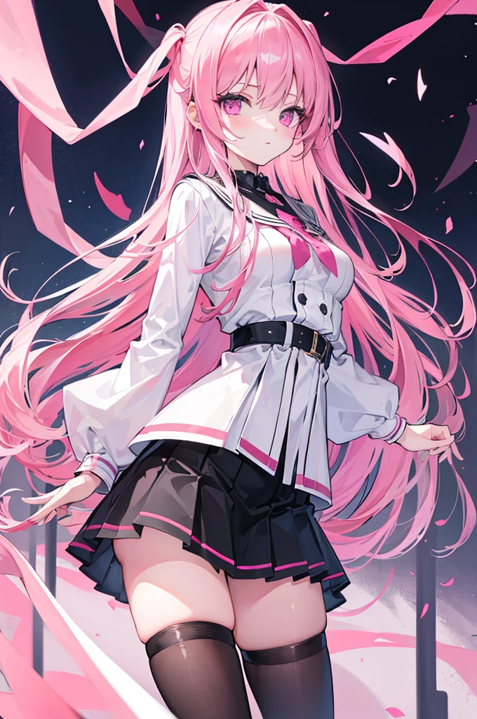(masterpiece), best quality, expressive eyes, perfect face,high res, ultrasharp, 8K, masterpiece, girl with pink long hair,light pink eyes,black stockings,skirt