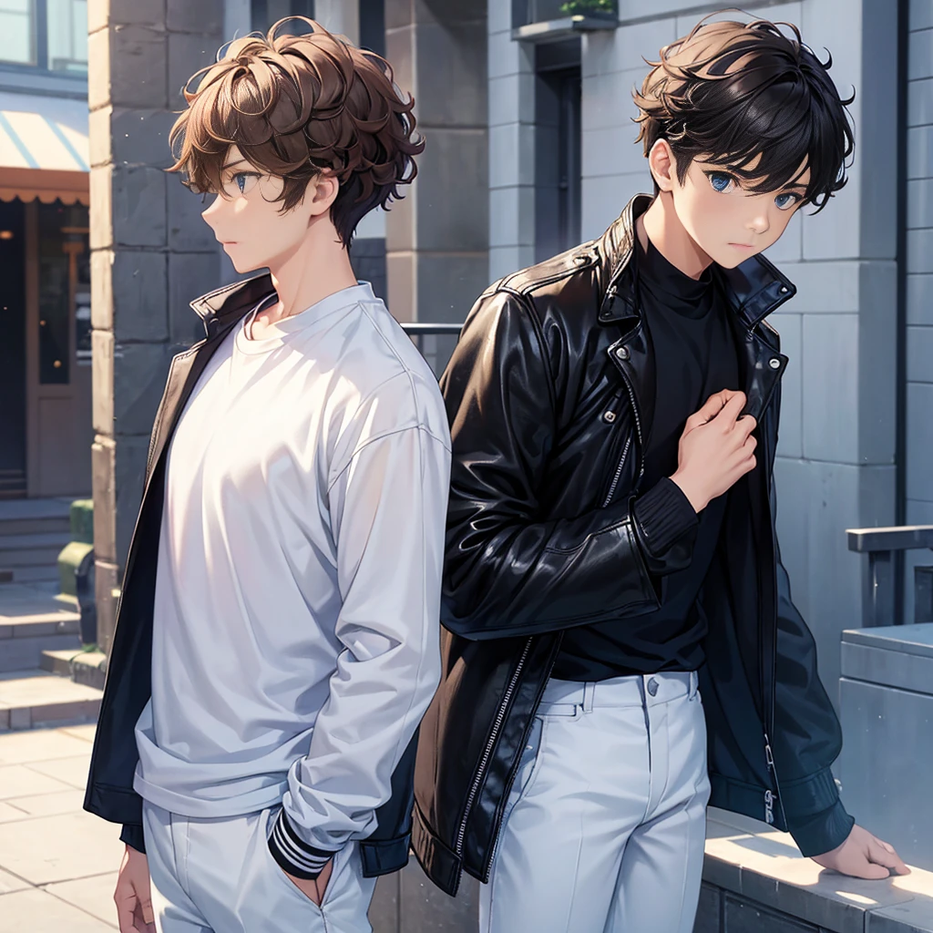 One boy,Are standing, Sad expression, Right facing, Side camera angle, Side view, avert your eyes,18-year-old,Curly Hair,blue eyes,Medium Hair,Undercut Hairstyle,Light brown hair,Black jacket,leather jacket,White T-shirt,White trousers,morning,Super detailed,masterpiece