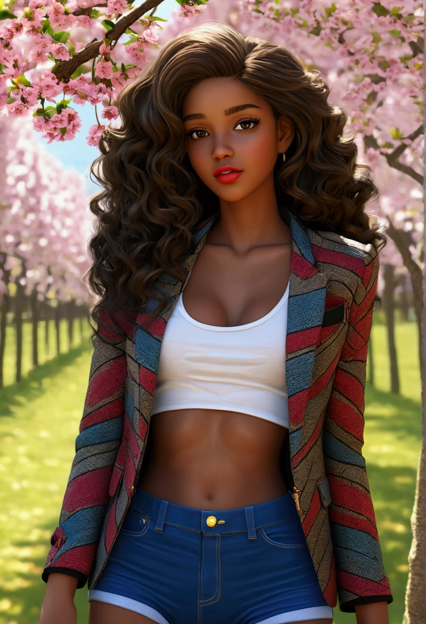 Division ratio : 1,1,1 basic relationship: beauty (mixed girls) in (Arte absurdo de 32k altaminte detallado de un ((18 year old girl)) ),fashion supermodel,(best high quality real texture skin:1.4),(ebony skin female),(Best quality textured hair.:1.4),BREAK,((long blonde hair ((side hairstyle)) extremadaminte detallado:1.25)),((outside,an orchard of blooming cherry trees:1.3)),(best high quality:1.4),(realistic photo:1. 5),(hyperrealism:1.5),(infoque nítido),(highest resolution),(smoother lighting:1.05),(increase cinematic lighting quality:0.7),realistic lighting, Luz in la cara y el cuerpo,(perfect proportions),(anatómicaminte correcto),(cuerpo feminino perfecto:1.4),(super beautiful body),(firm Normal full breasts:1.3),(narrow waist:1.3),small ass,thin face,beautiful cheekbones,Delgado belly: 1.3,(delgado,muscled body:1.3),(super beautiful face),(realistic face),(Very detailed face:1.5),?????_shadow,(Ultra detailed eyes), finely detailed face,finely quality eyes,(tired and sleepy and satisfied:0.0),realistic eyes,Perfect round eyes,finely detailed pupils,((Brown_eyes:1.1)),BREAK,detailed lips:1.3,(red_lipstick:1.18),(detailed nose:1.2),BREAK,((super extravagant ((cut jacket)) tiner puesto:1.51)),small head:1.4,BREAK,make up:1.22,dynamic pose,BREAK,((silk skirt,(tiny skirt:1.3),No_panties,curves),(falda corta invuelta in las caderas),/(al azar%you are superior:1.13),/exquisito equilibrio de shadows,perfect composition,(tiro por incima de la rodilla:1.3),look at the viewer,(from below:1.3),((show very exposed thighs:1.3)),Hasselblad, 85 mm/4.0