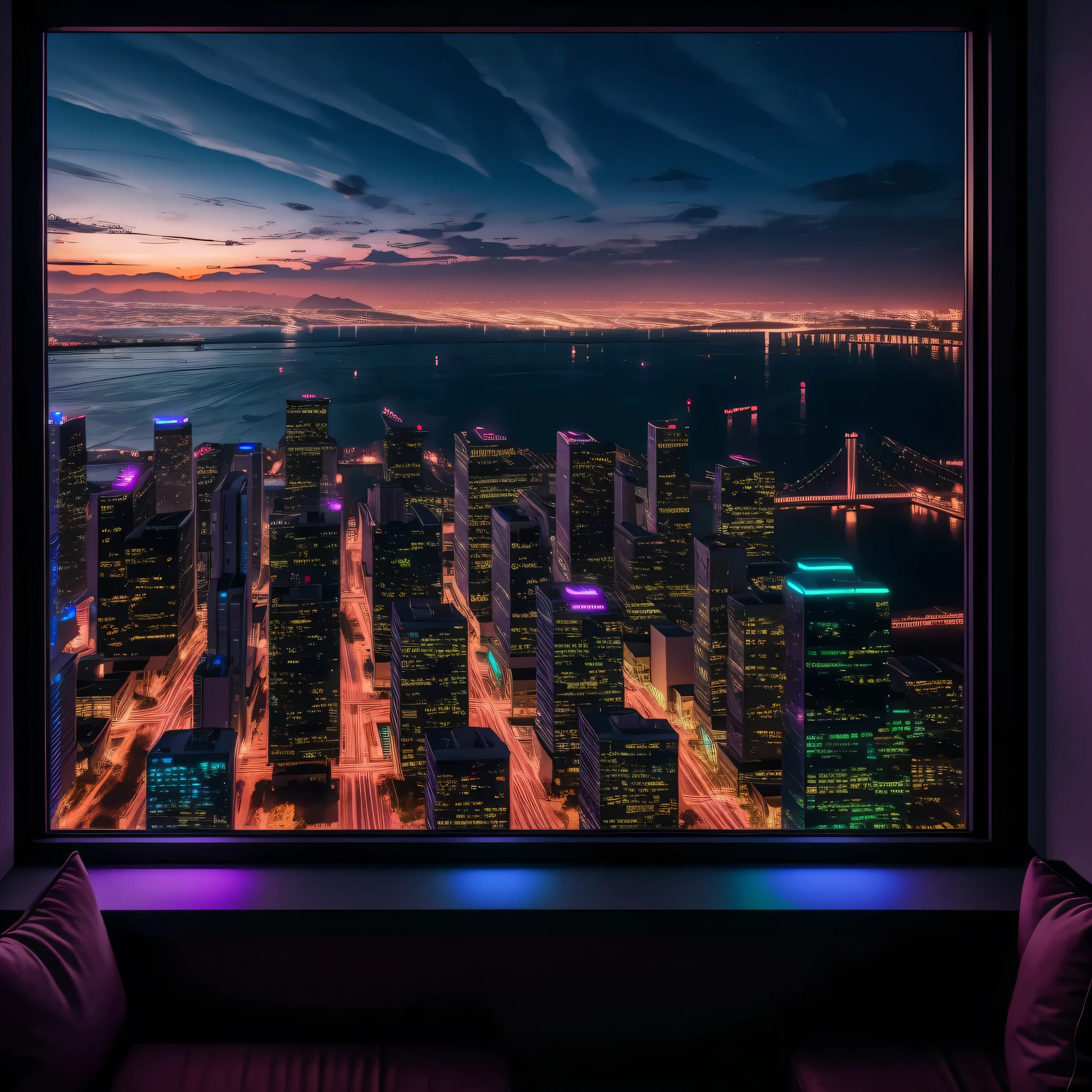 Window view, room, gaming room, city, night, dark, retrowave, lights, neon, 4K, HDR, Realistic