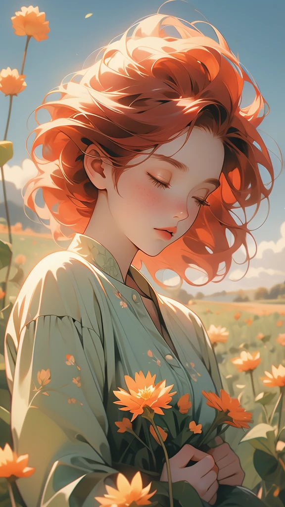a woman with red hair holding dandelions while looking into the distance, solo, 1girl, flower, freckles, closed eyes, holding flower