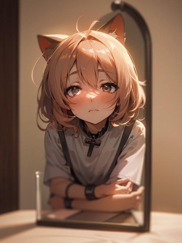 (Sumilux f1.4 50mm , low Latitude old color negative film , cross process , bokeh, flare, chromatic aberration , soft focus, (Shallow focus) , soft glow , Maximum aperture, low Key , Transparent depiction) , hentai comic style , kawaii coquettish tomboyish tiger girl , (wide open shackle clothes) , In the messy dirty cage , heart is beating fast with anticipation , lovey-dovey Estrus pet , Milk enema