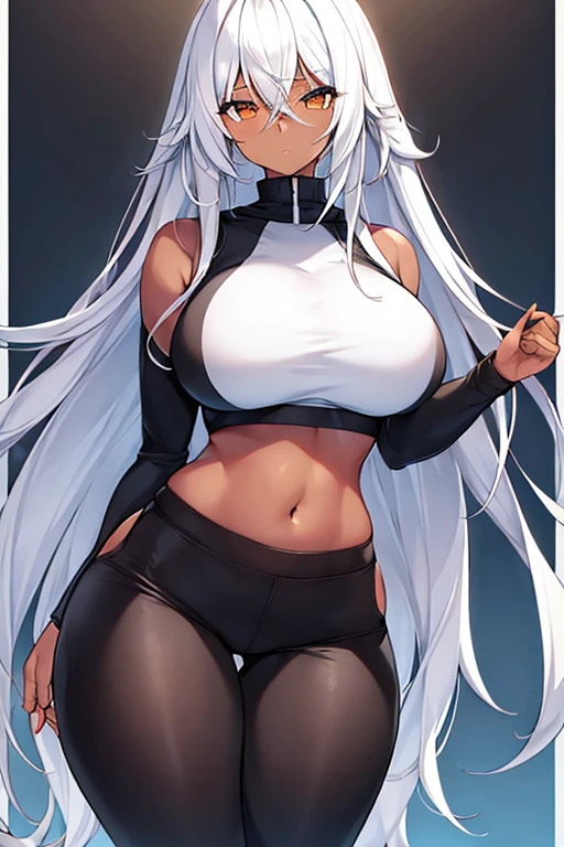 1girl, dark skin, black skin, dark-skinned female, white hair, long hair, large breasts, wide hips, thick thighs, sportswear, shy, sports bra, hourglass figure, mature female, skin tight, tight clothes, white jacket, jacket