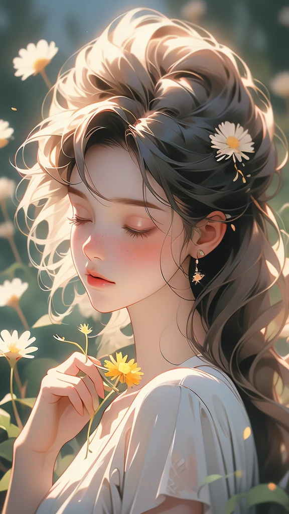 a woman holds a dandelion in front of her face while looking to the side, solo, 1girl, flower, freckles, closed eyes, holding flower