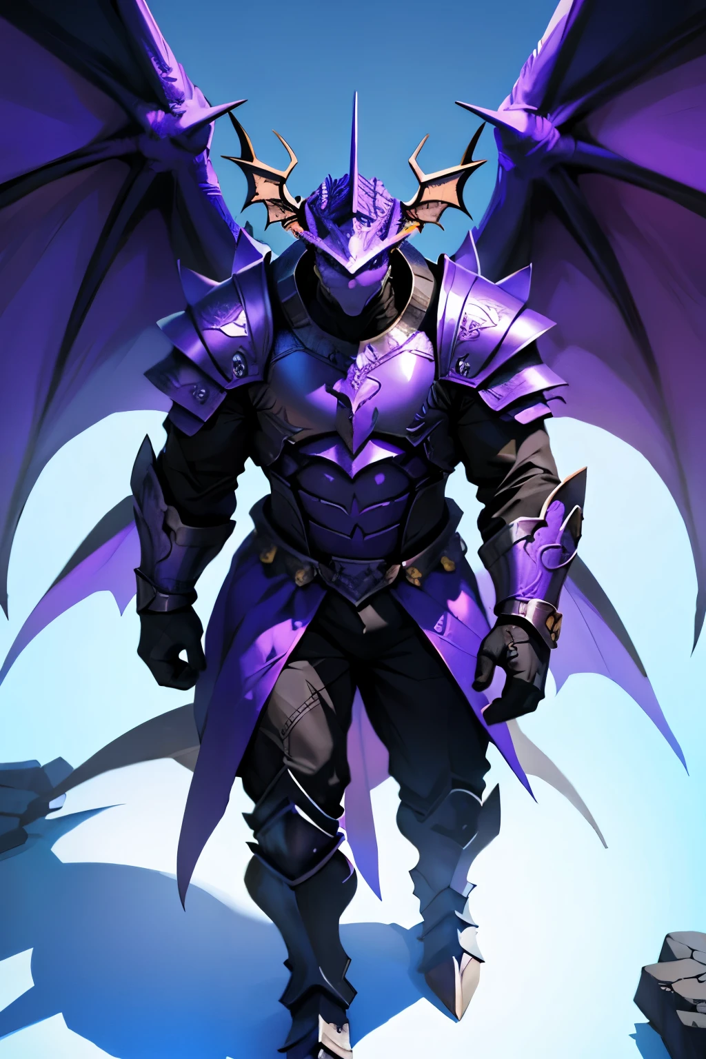 Create a dragon made of armor, with black colors, purple and blue. It has wings and a metal Aurelia behind its head. 