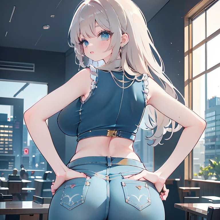 Anime Kawaii sexy Perfect Slim sensual body large breast and huge thighs, An intricate and highly detailed illustration of anime (Young girl). (8k、Superior image quality、Maximum quality、Masterpiece artwork)、A detailed face、1 girl in、A brunette、hypdertailed、clear blue eyes、piercings、sorriso nefasto、very Bigger breasts、white shirt、sleeveless、Broad Hips、light blue denim、Long pants、cowboy shot、put your hands on your hips、ass pov、city background