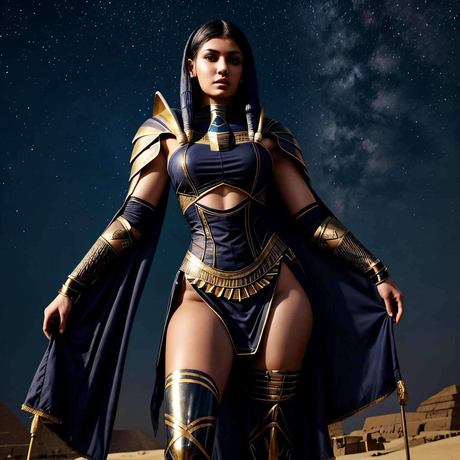 score_9, score_8_up, score_7_up, 1 girl, by: 0r0ch1, by: kanel, mature female, stitching scars on legs, stitching scars on arms, stylized armor (Egyptian), Egyptian skirt, midnight sky, commanding presense, soul knight