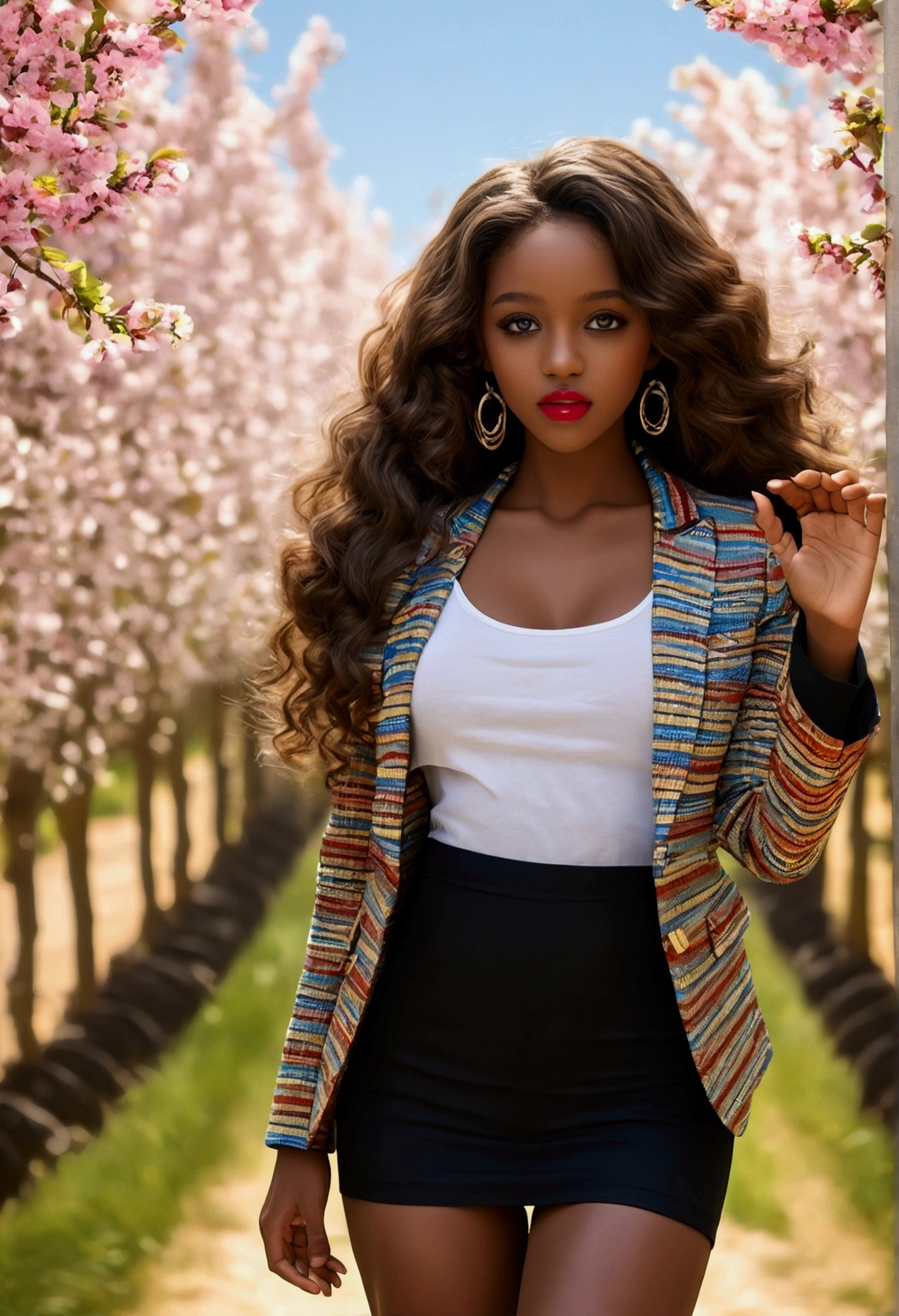 Division ratio : 1,1,1 basic relationship: beauty (mixed girls) in (Arte absurdo de 32k altaminte detallado de un ((18 year old girl)) ),fashion supermodel,(best high quality real texture skin:1.4),(ebony skin female),(Best quality textured hair.:1.4),BREAK,((long blonde hair ((side hairstyle)) extremadaminte detallado:1.25)),((outside,an orchard of blooming cherry trees:1.3)),(best high quality:1.4),(realistic photo:1. 5),(hyperrealism:1.5),(infoque nítido),(highest resolution),(smoother lighting:1.05),(increase cinematic lighting quality:0.7),realistic lighting, Luz in la cara y el cuerpo,(perfect proportions),(anatómicaminte correcto),(cuerpo feminino perfecto:1.4),(super beautiful body),(firm Normal full breasts:1.3),(narrow waist:1.3),small ass,thin face,beautiful cheekbones,Delgado belly: 1.3,(delgado,muscled body:1.3),(super beautiful face),(realistic face),(Very detailed face:1.5),negro_shadow,(Ultra detailed eyes), finely detailed face,finely quality eyes,(tired and sleepy and satisfied:0.0),realistic eyes,Perfect round eyes,finely detailed pupils,((Brown_eyes:1.1)),BREAK,detailed lips:1.3,(red_lipstick:1.18),(detailed nose:1.2),BREAK,((super extravagant ((cut jacket)) tiner puesto:1.51)),small head:1.4,BREAK,make up:1.22,dynamic pose,BREAK,((silk skirt,(tiny skirt:1.3),No_panties,curves),(falda corta invuelta in las caderas),/(al azar%you are superior:1.13),/exquisito equilibrio de shadows,perfect composition,(tiro por incima de la rodilla:1.3),look at the viewer,(from below:1.3),((show very exposed thighs:1.3)),Hasselblad, 85 mm/4.0