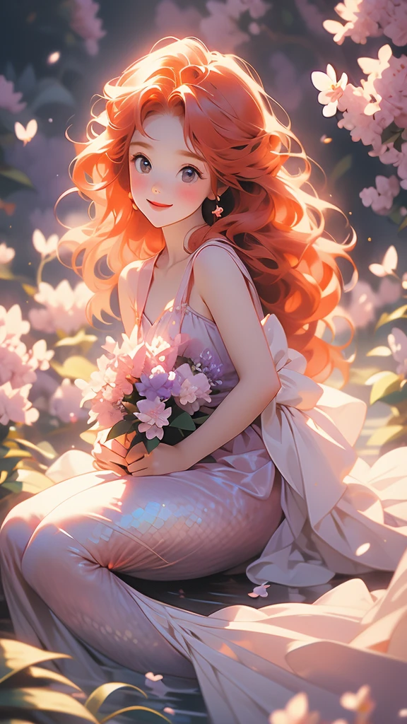 an adorable little red haired mermaid in a lilac dress, 1girl, flower, solo, dress, holding flower, long hair, holding, orange hair, smile