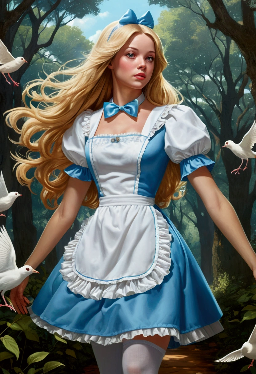 Alice no País das Maravilhas tomando chá em uma forst, realisitic, Masterpiece artwork, 1 girl, standing alone, Alice in Wonderland with long blonde hair, light blue dress with white apron, white stockings, decolletage, dynamic, ultra high definition, 32 mil, (Perfect Anatomia:1.5), perfect legs, in the style of Artgerm and Adam Hughes, perfect arms, forst, with birds flying in circles above her head as she watches the birds fly, forst ao fundo