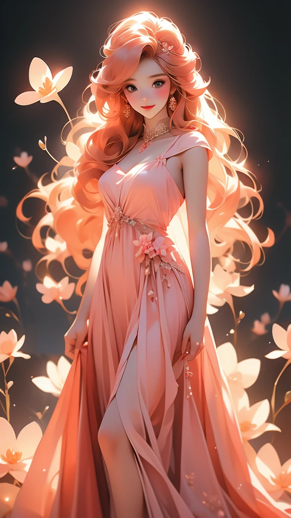 a beautiful mannequin poses outside next to pink flowers against black background, 1girl, flower, solo, dress, holding flower, long hair, holding, orange hair, smile