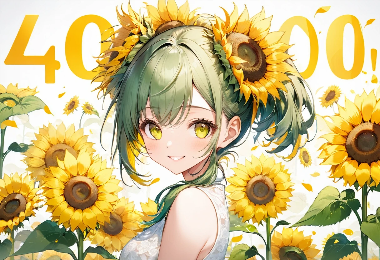 (The number "40,000" is written on the whiteboard) (double exposure many sunflower:1.2) (background many sunflowers), (a green ponytail yellow eyes cute girl, happy smile), BREAK, 16k, masterpiece, best quality.