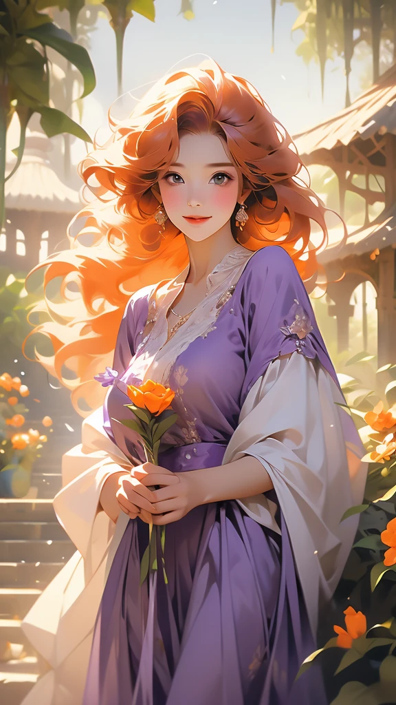 an elderly lady in purple dress holds a flower in her hand while her hair waves in the wind near a bower, 1girl, flower, solo, dress, holding flower, long hair, holding, orange hair, smile