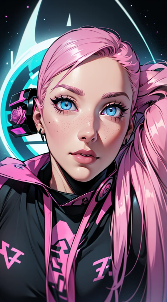 futuristic clothing, medium pink hair, blue colored eyes, pale skin, demon, claws, bangss, gothic art, full body shot shot, elegant pose, ssmile, Romanticism, work of art, anatomically correcte, high qualiy, super detaill, best qualityer, 4K, 8k, Perfect Woman, the most beautiful woman, her face has to be symmetrical and beautiful, baby pink hair, best qualityer final, beautfull woman, speech bubble, Galaxy,60s,70s,80s,colorfully,cosmo,space, VERY DETAILED EAR FLARERS, pink chanel hair, ((((wear t-shirt writing ((karry66)))), delicate and well-detailed face, armadura cyberpunk rose, proportional face