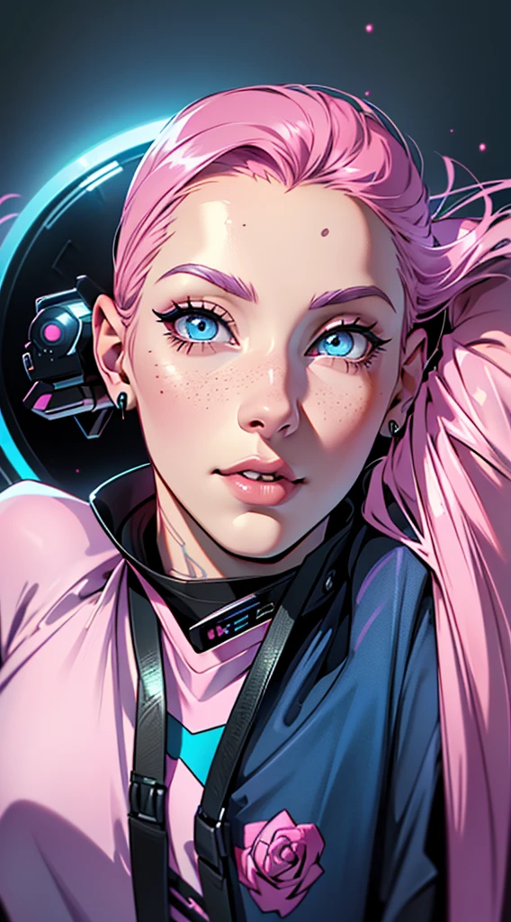 futuristic clothing, medium pink hair, blue colored eyes, pale skin, demon, claws, bangss, gothic art, full body shot shot, elegant pose, ssmile, Romanticism, work of art, anatomically correcte, high qualiy, super detaill, best qualityer, 4K, 8k, Perfect Woman, the most beautiful woman, her face has to be symmetrical and beautiful, baby pink hair, best qualityer final, beautfull woman, speech bubble, Galaxy,60s,70s,80s,colorfully,cosmo,space, VERY DETAILED EAR FLARERS, pink chanel hair, ((((wear t-shirt writing ((karry66)))), delicate and well-detailed face, armadura cyberpunk rose, proportional face