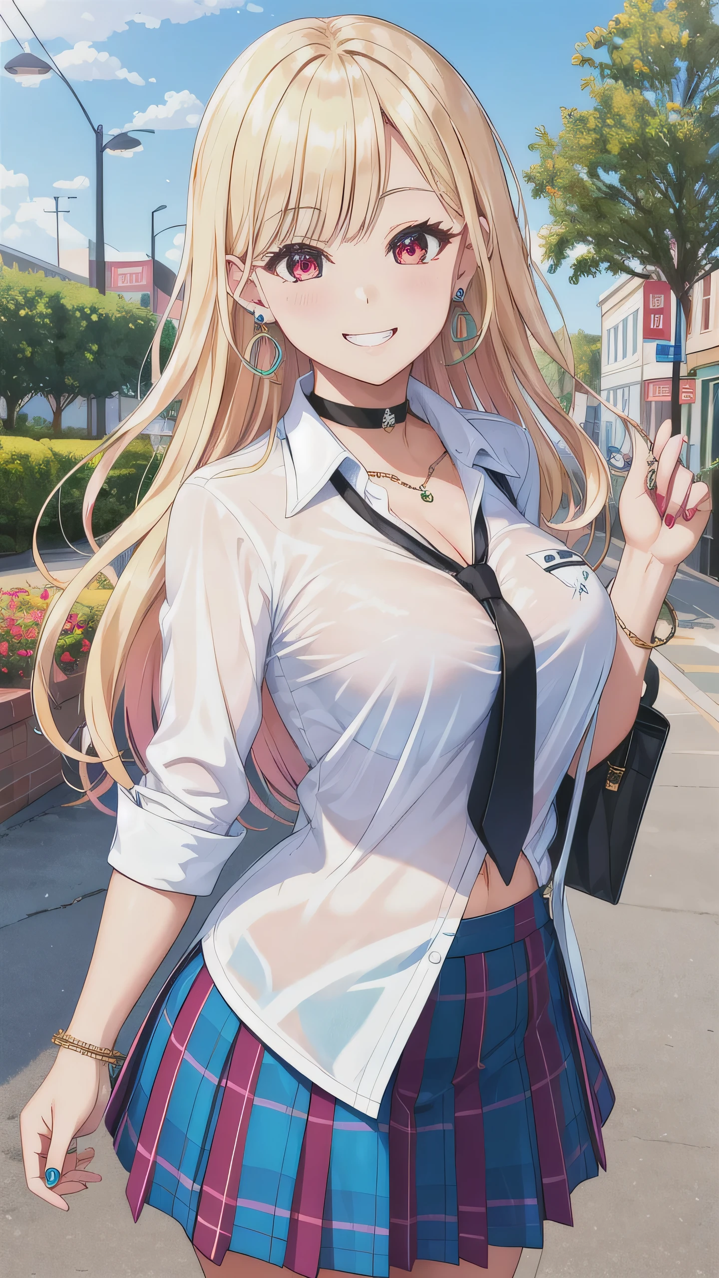 masterpiece, best quality, highres, kitagawa marin, 1girl, blonde hair, long hair, multicolored hair, red eyes, jewelry, earrings, piercing, , white shirt, tied shirt, black choker, blue necktie, plaid skirt, grin, smile, standing, cowboy shot, outdoors, 