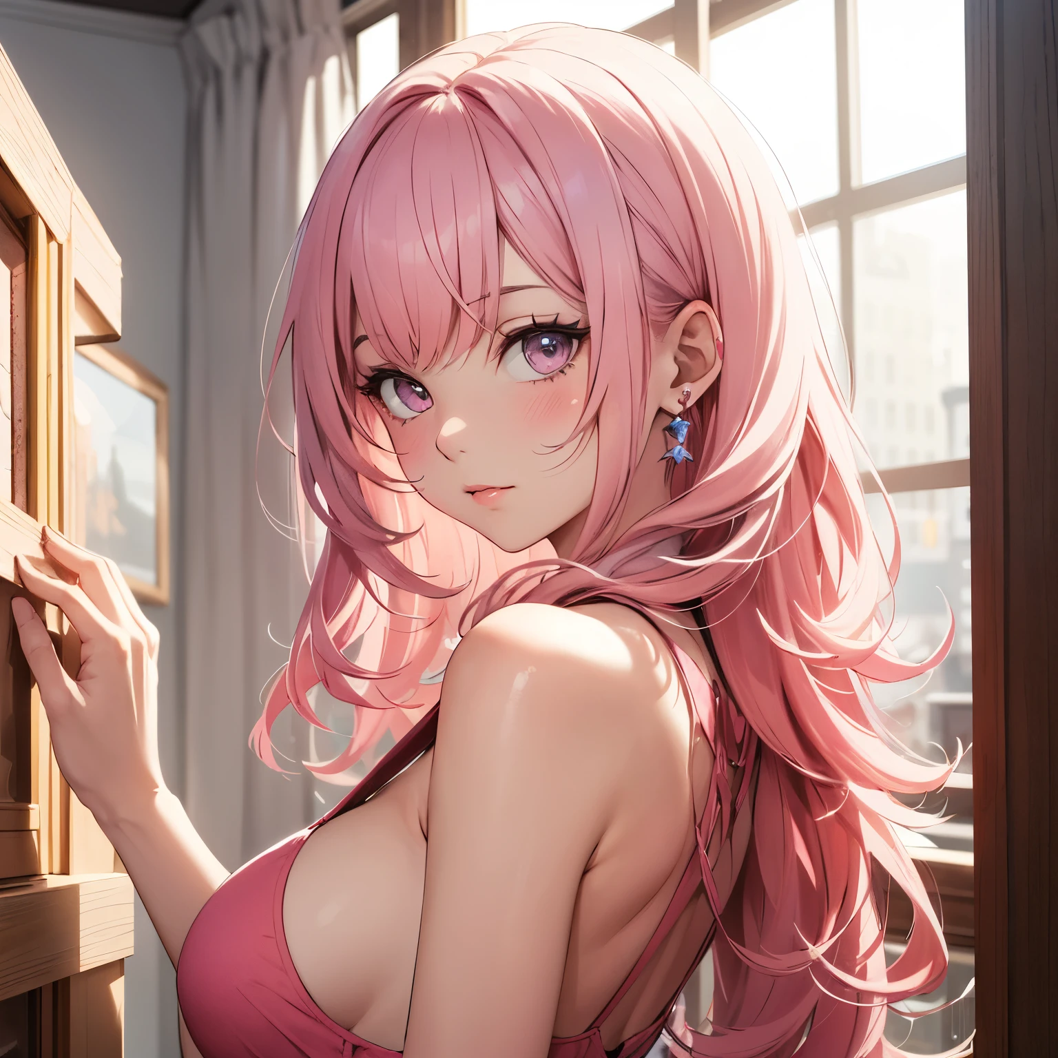 ((best quality)), ((masterpiece)), (detailed), 1girl, pink hair, pink clothes, sideboob, cute face