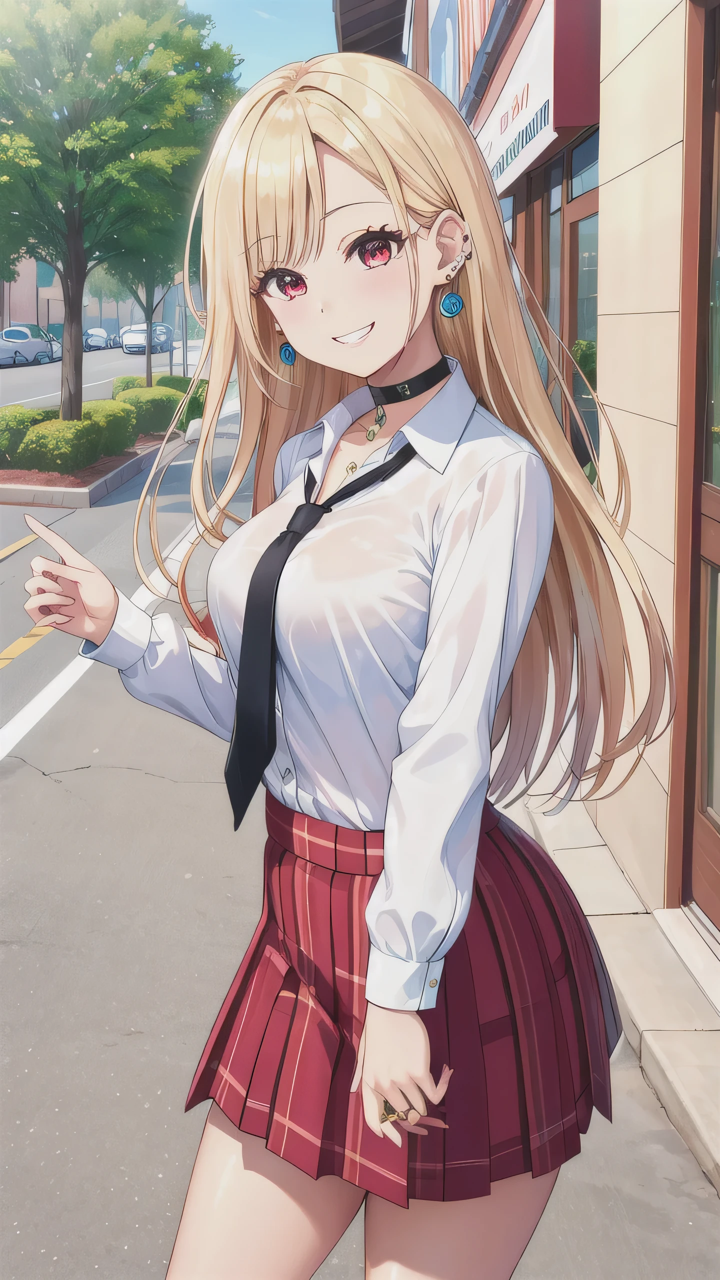 masterpiece, best quality, highres, kitagawa marin, 1girl, blonde hair, long hair, multicolored hair, red eyes, jewelry, earrings, piercing, , white shirt, tied shirt, black choker, blue necktie, plaid skirt, grin, smile, standing, cowboy shot, outdoors, 