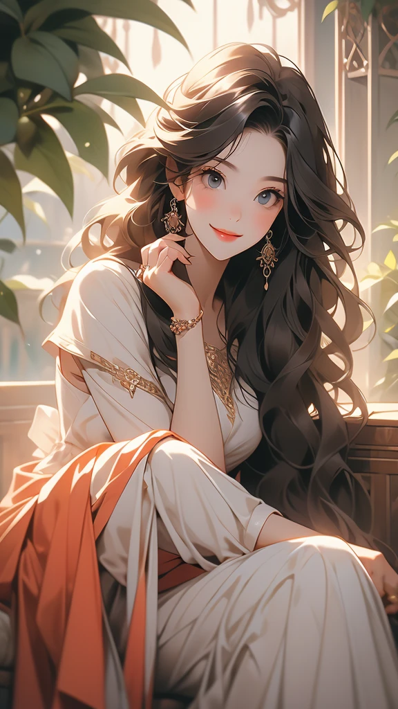 a lovely looking woman holding a cell phone in her hand smiling and posing for the camera, 1girl, solo, jewelry, ring, long hair, sitting