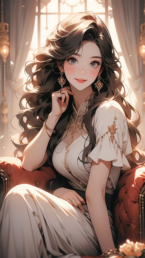 a lovely looking woman holding a cell phone in her hand smiling and posing for the camera, 1girl, solo, jewelry, ring, long hair, sitting
