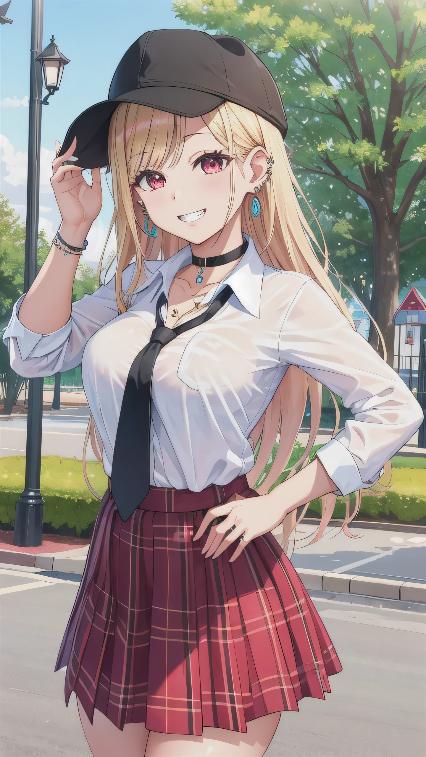 masterpiece, best quality, highres, kitagawa marin, 1girl, blonde hair, long hair, multicolored hair, red eyes, jewelry, earrings, piercing, , white shirt, tied shirt, black choker, blue necktie, plaid skirt, grin, smile, standing, cowboy shot, outdoors, 