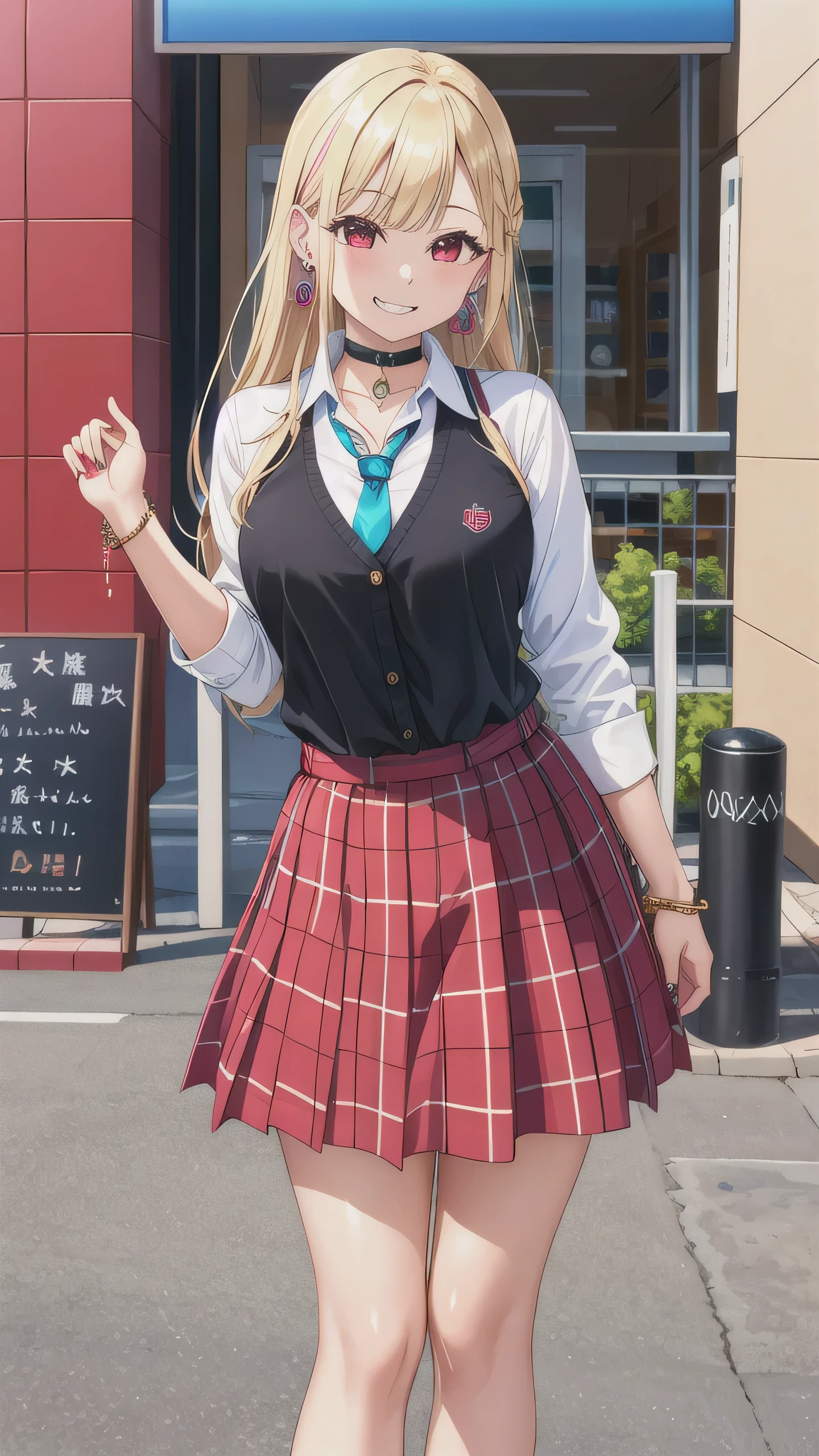 masterpiece, best quality, highres, kitagawa marin, 1girl, blonde hair, long hair, multicolored hair, red eyes, jewelry, earrings, piercing, , white shirt, tied shirt, black choker, blue necktie, plaid skirt, grin, smile, standing, cowboy shot, outdoors, 