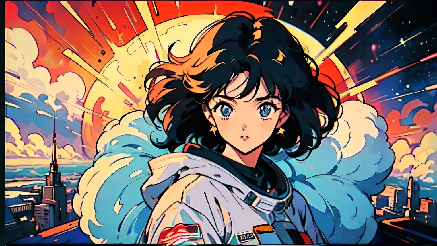 (80's, retro, city pop poster:1.5), (album cover), (masterpiece, best quality), (anime, illustration),
A girl with dark hair is in a spacesuit, floating in space. Her face is visible through the helmet, illuminated by the stars and celestial bodies around her. Below her, the Earth is covered in a blanket of clouds, and the vast, star-filled cosmos stretches out infinitely.