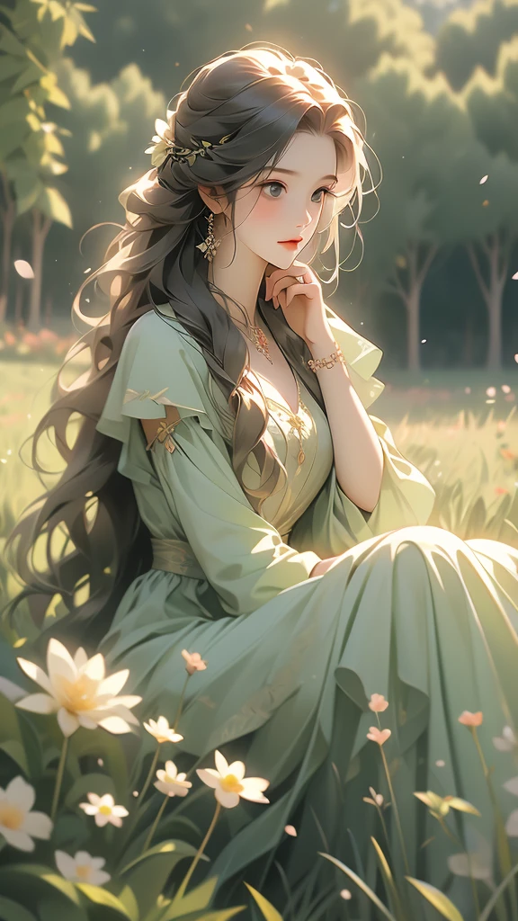 a woman dressed in renaissance dress in a field of flowers and grass, 1girl, solo, jewelry, ring, long hair, sitting