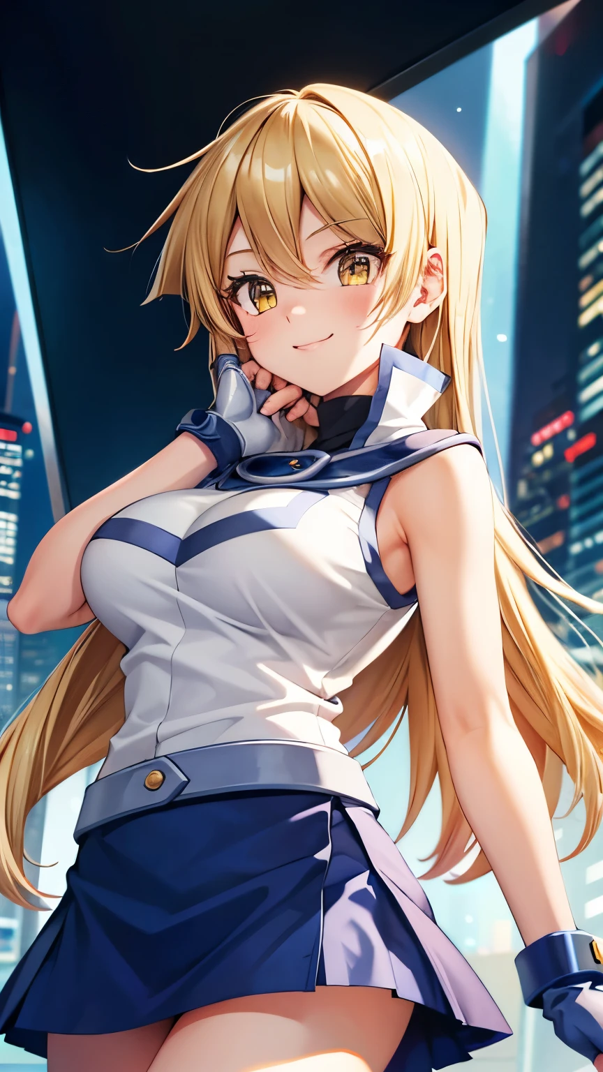 masterpiece, best quality, highres, heart hair ornament, ta1,blonde hair,long hair,yellow eyes, white jacket, sleeveless, blue skirt,tight skirt , miniskirt,fingerless gloves,smile,big tits  ,looking at viewer,top view,(standing), bracelet, Cyber city,blue neon lights,((perfect face)),perfect body, perfect , high definition,blush,((upper body))