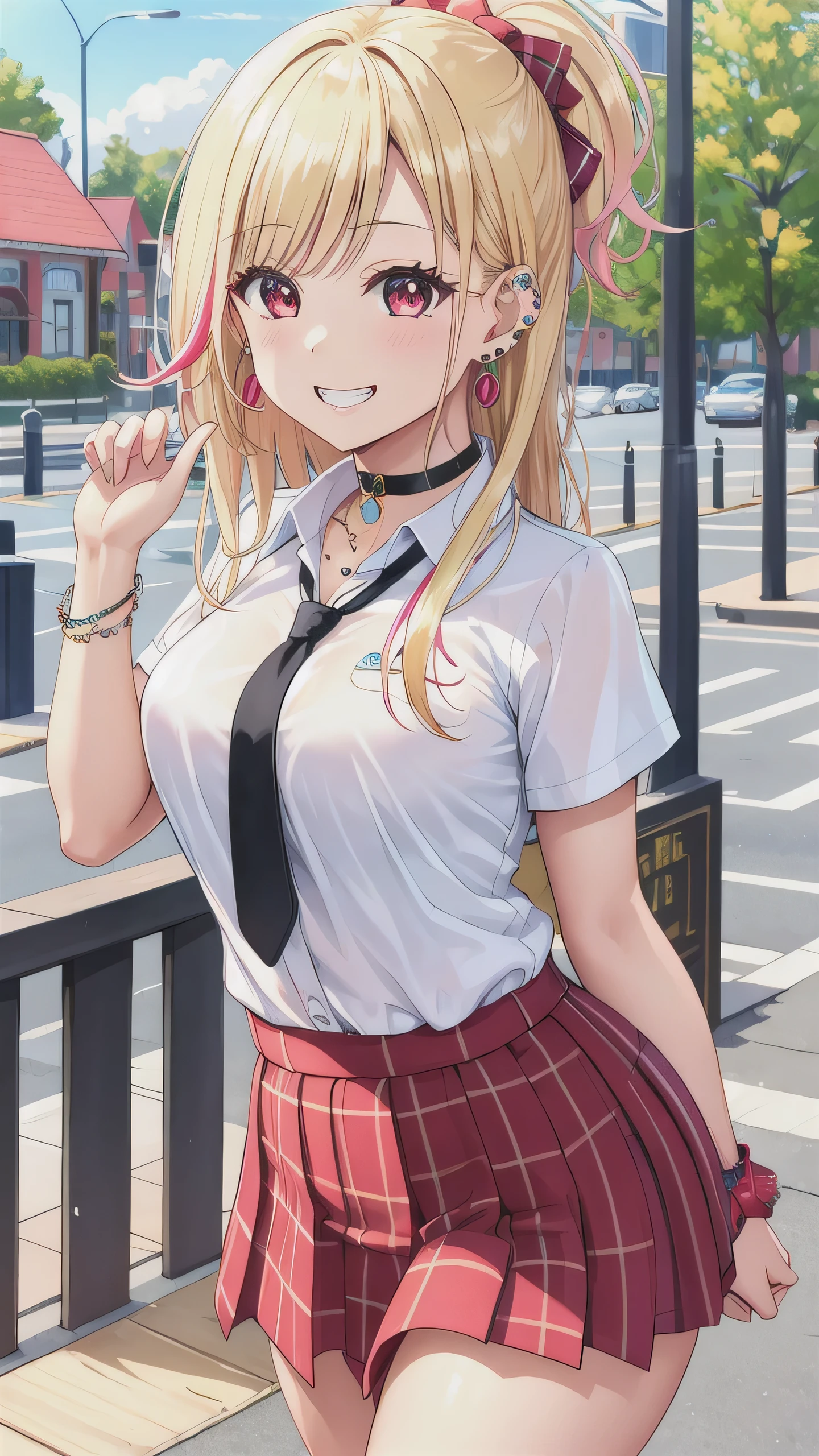 masterpiece, best quality, highres, kitagawa marin, 1girl, blonde hair, long hair, multicolored hair, red eyes, jewelry, earrings, piercing, , white shirt, tied shirt, black choker, blue necktie, plaid skirt, grin, smile, standing, cowboy shot, outdoors, 