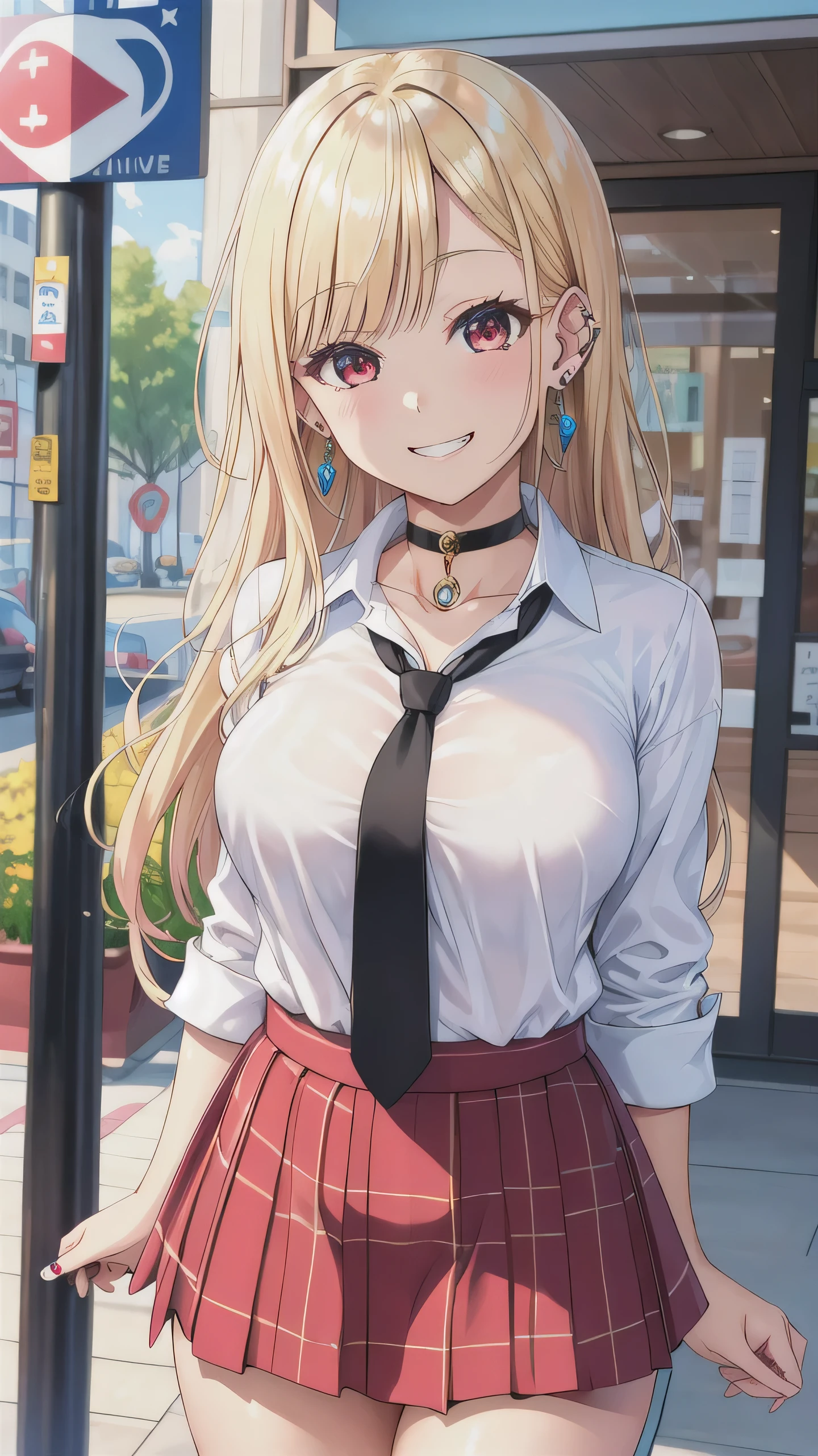 masterpiece, best quality, highres, kitagawa marin, 1girl, blonde hair, long hair, multicolored hair, red eyes, jewelry, earrings, piercing, , white shirt, tied shirt, black choker, blue necktie, plaid skirt, grin, smile, standing, cowboy shot, outdoors, 